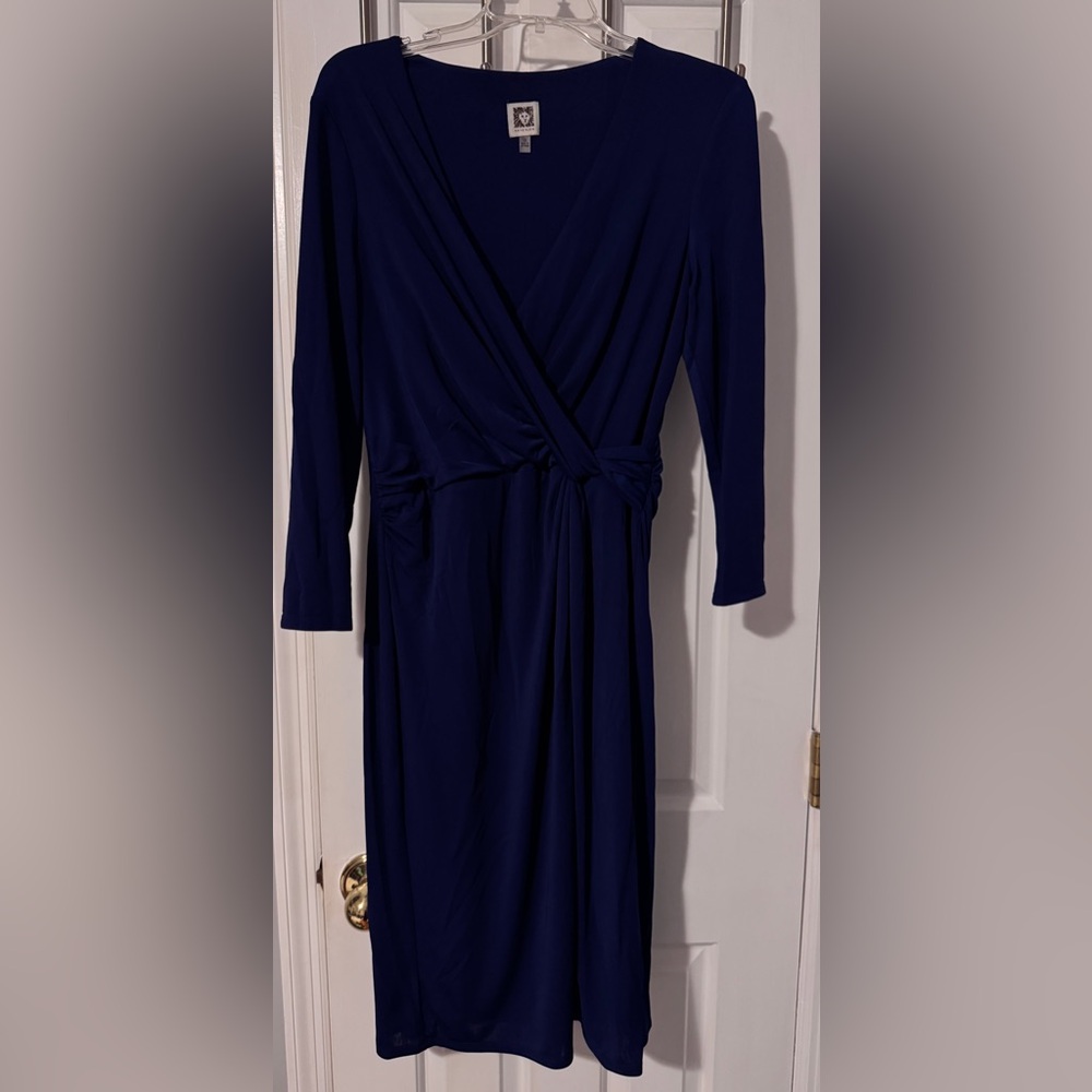 Anne Klein Navy Faux Wrap Long Sleeve Midi Dress Flattering Flowy and Slinky EUC - Picture 2 of 5